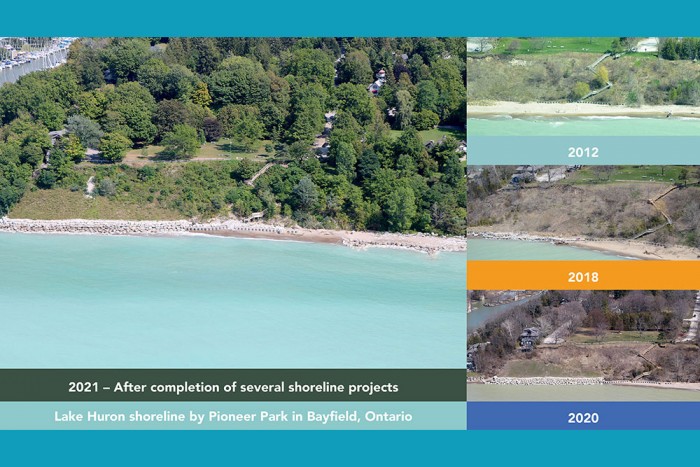 Photo of Lake Huron shoreline by Pioneer Park, in Bayfield, Ontario, in the Municipality of Bluewater.