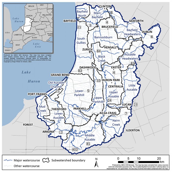 A map of the 16 subwatersheds in the Ausable Bayfield Conservation Authority area.