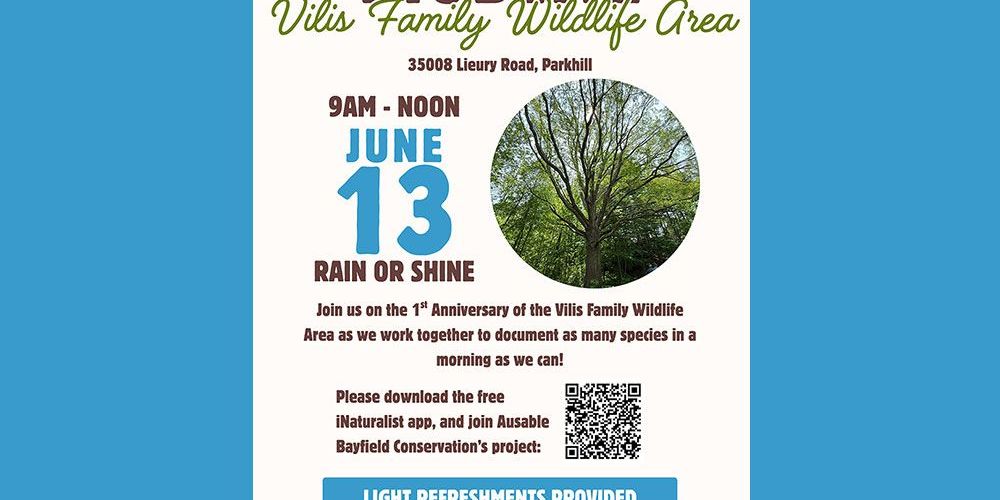 A poster of Saturday, June 13, 2026 BioBlitz at Vilis Family Wildlife Area.