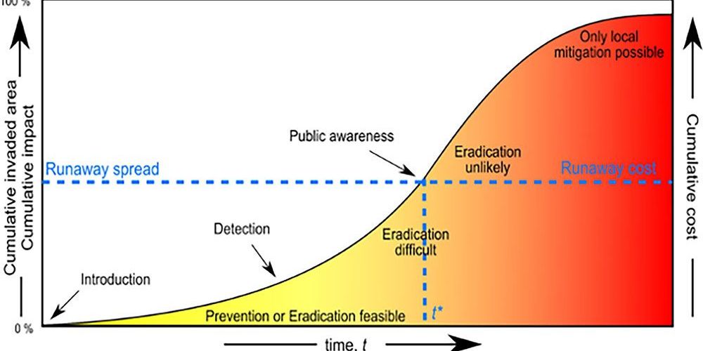 Invasion curve illustrating how costs rise with time and spread. Source: F. Herald, 2022.