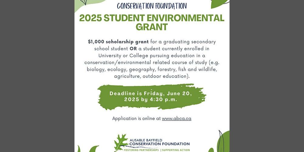 A poster for 2025 Student Environmental Grant $1,000 bursary award.