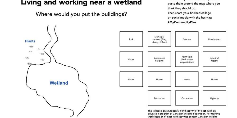 A picture of a wetland and buildings representing different land uses for a collage.