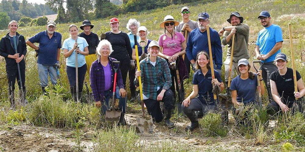 Planting native species of plants at Oakes family's wetlands.